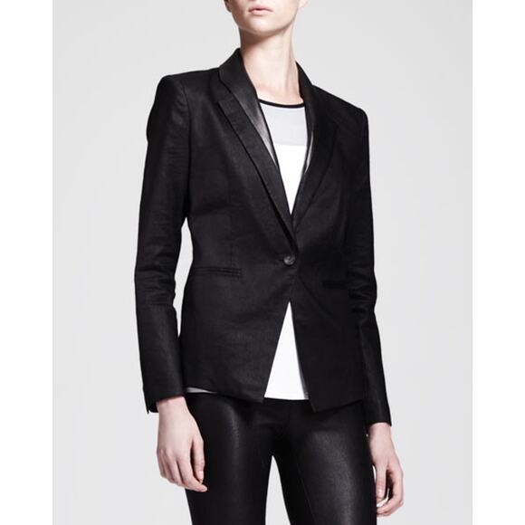 Helmut Lang Glossy Linen Twill Blazer with Lamb Leather Notched Lapel Size 10 - Picture 1 of 11